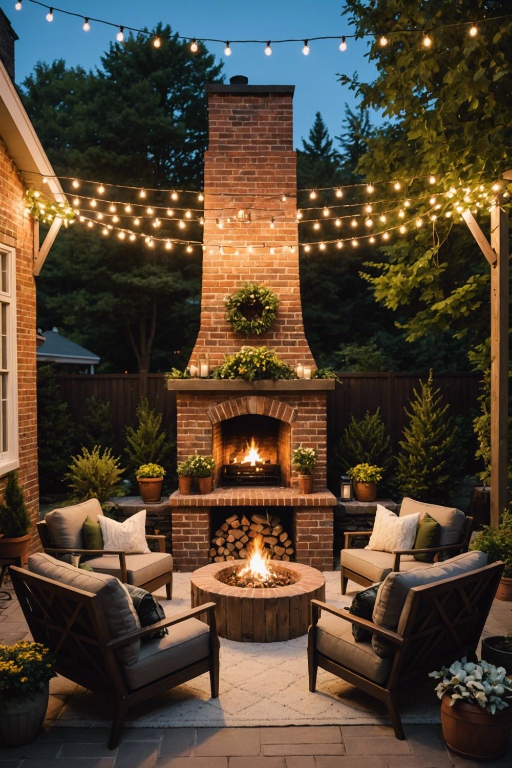 Classic Brick Fireplace and Outdoor Seating Area