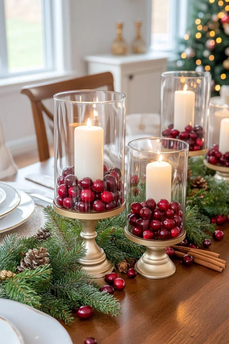 27. Hurricane vases with cranberries and floating candles