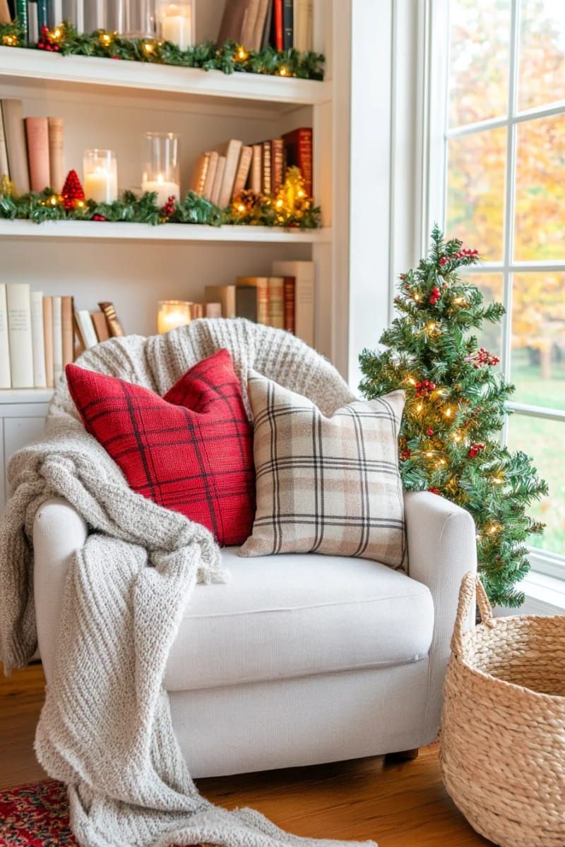 15. Cozy Reading Nook with Plaid Cushions and Basket Tree - photo 2