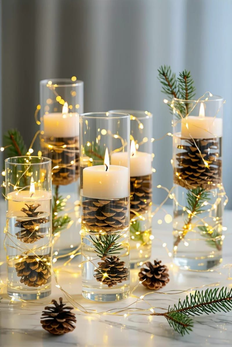 12. Floating Candles With Pinecones in Vases
