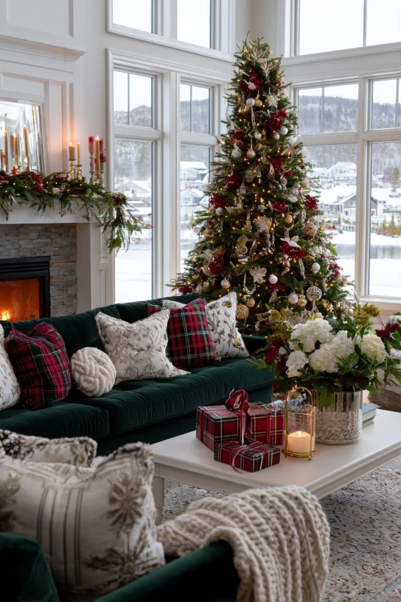 5. Traditional red and gold holiday tree adorned with plaid ribbon and retro ornaments - photo 2