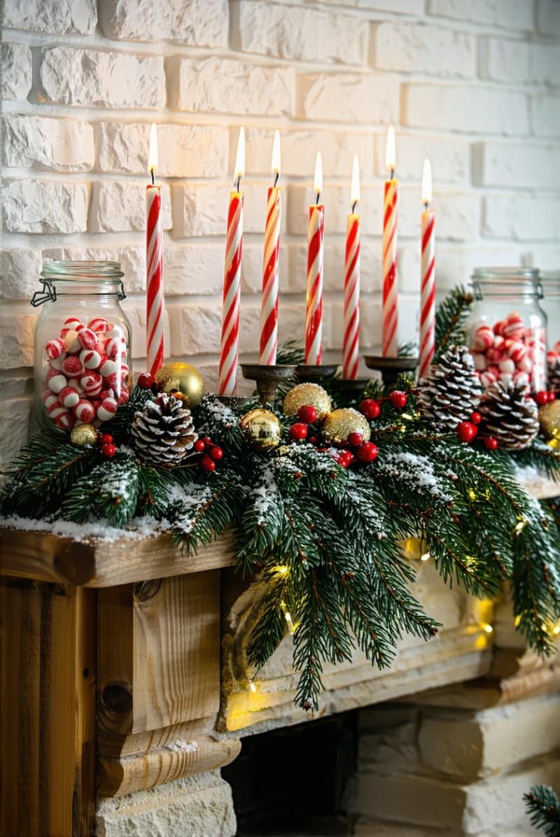 14. Candy cane candles nestled in pine garland