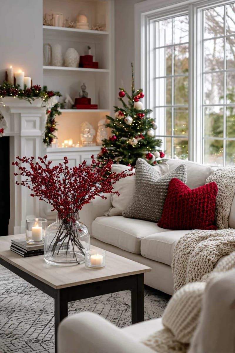 12. Bright red berry branches in a transparent vase for an uncomplicated décor.