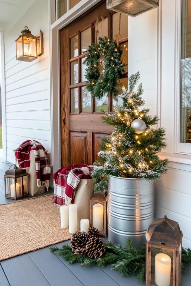 11. Vintage Milk Can with Flocked Tree and Lights