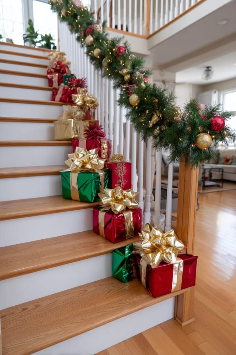 24. Garland-Wrapped Staircase With Gifts and Gold Ribbon - photo 2