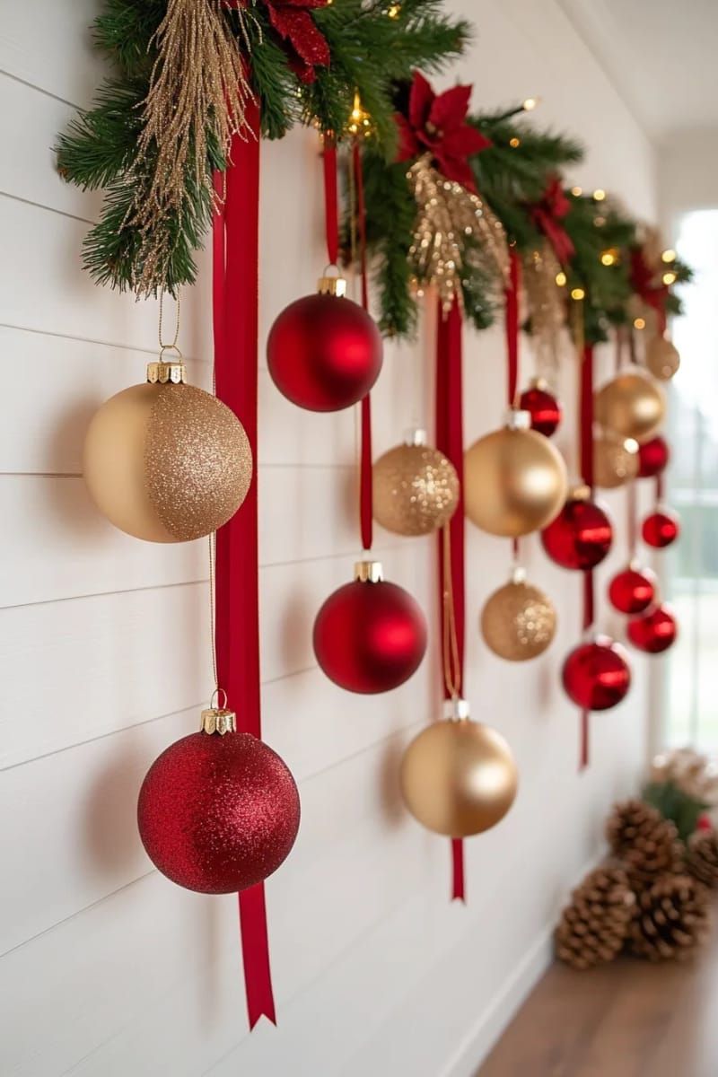 27. Vertical Red and Gold Ornaments with Velvet Ribbon
