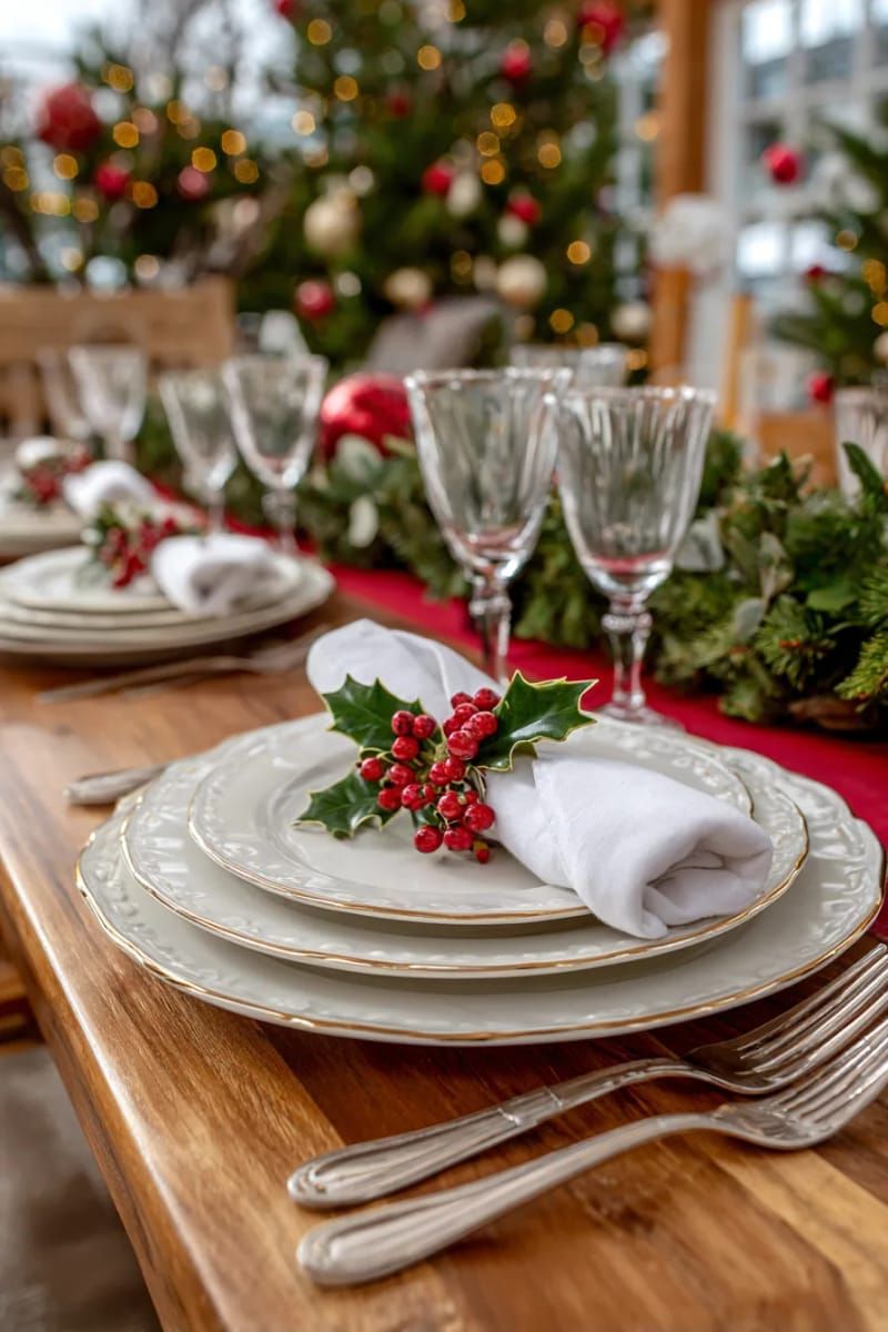2. Gold-rimmed plates with holly napkin rings - photo 4