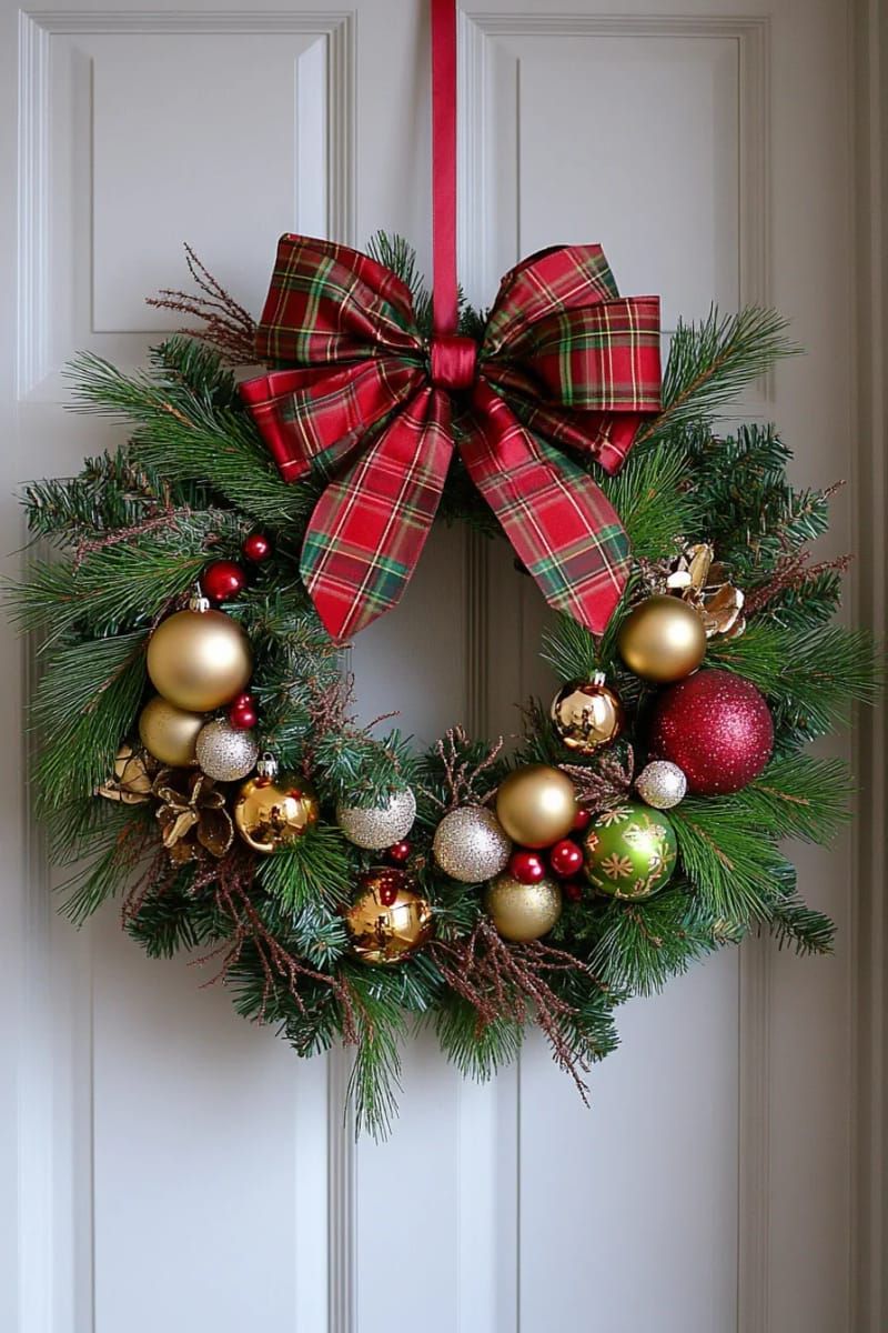 4. Tartan wreath with gold ornaments and red ribbon - photo 2