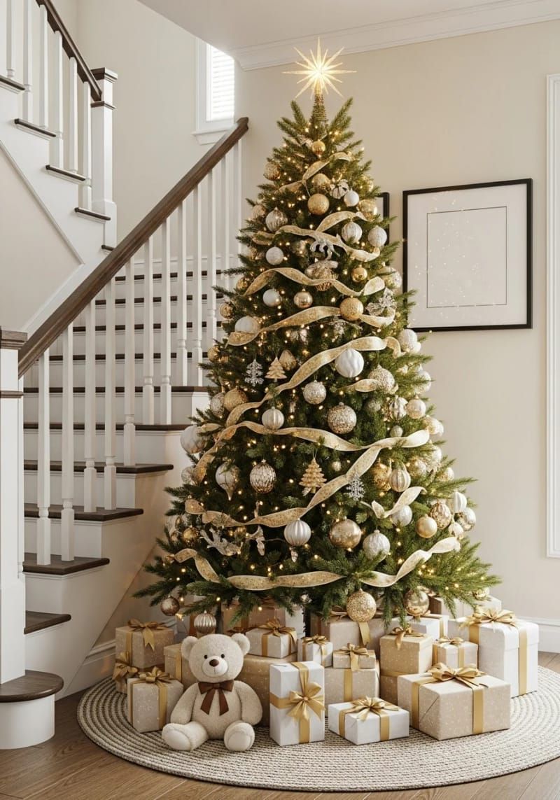 8. Evergreen tree with gold pinecones and ornaments