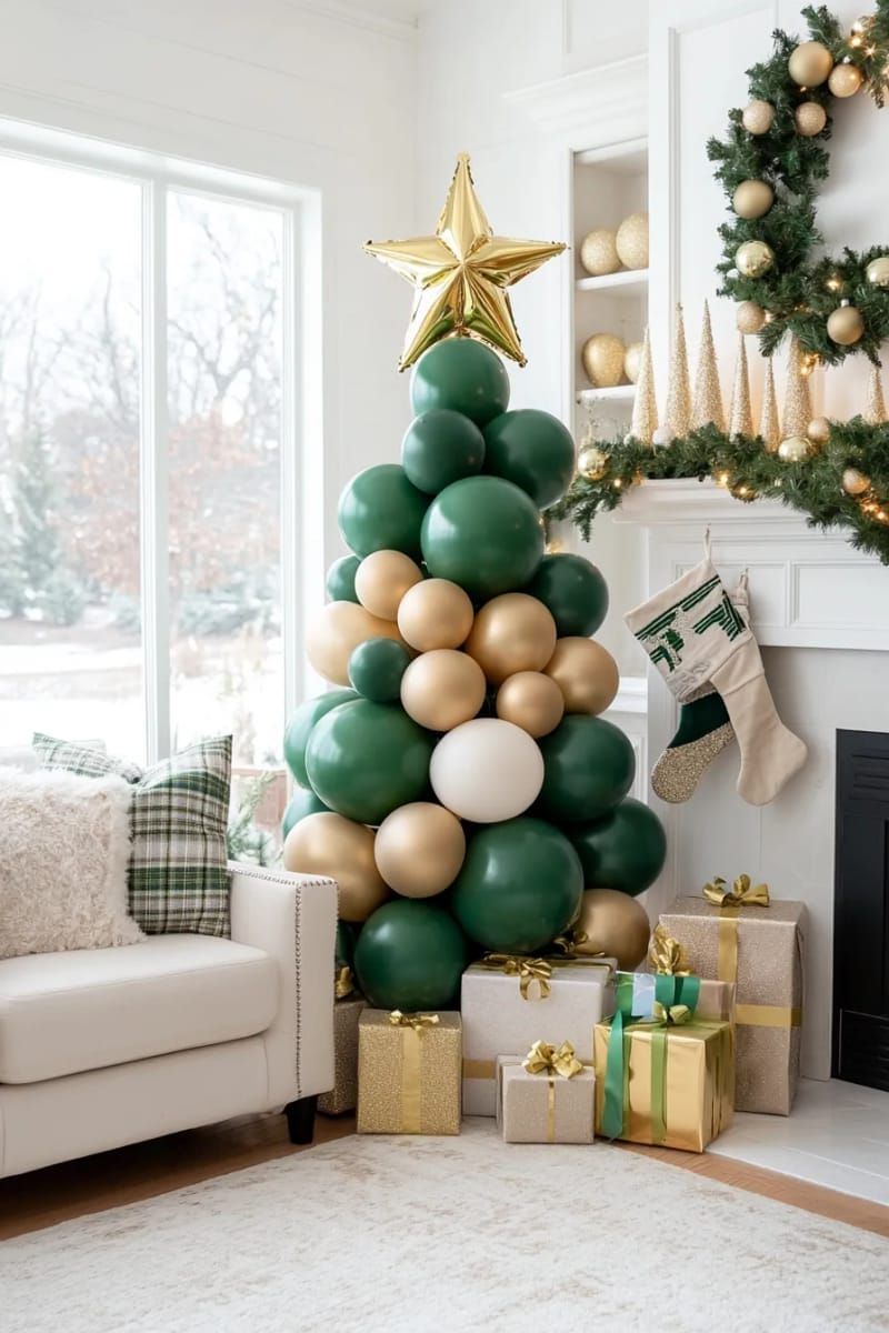 1. Green and gold balloon tree with star topper
