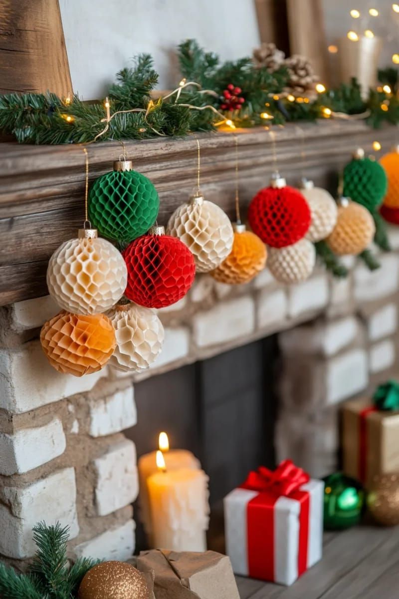 4. Red, Green, and Gold Honeycomb Paper Balls