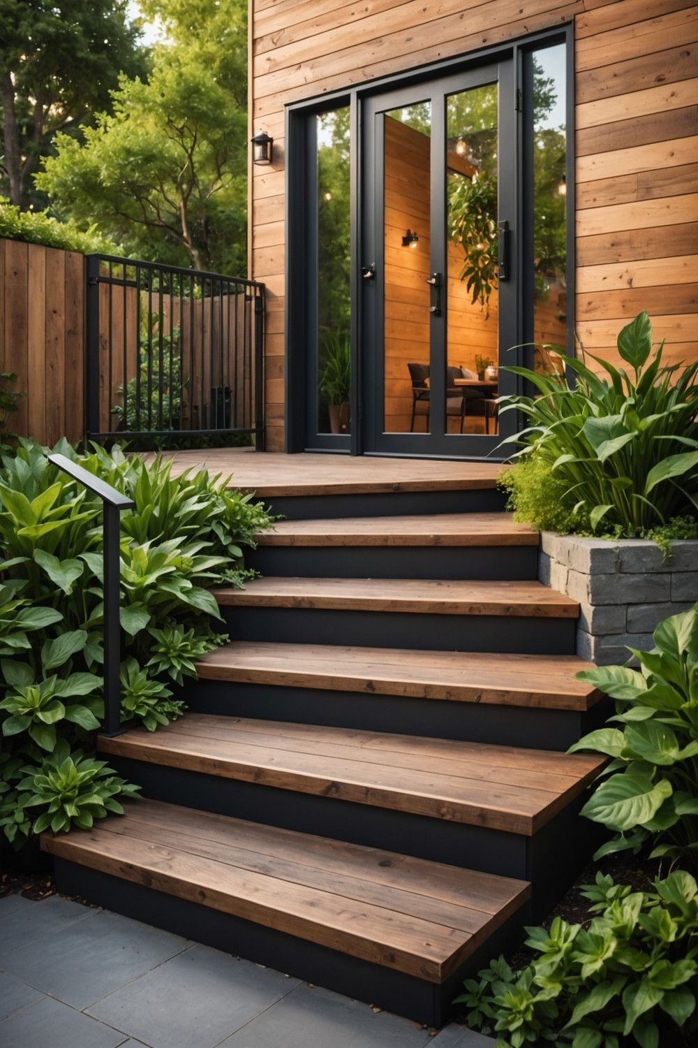 Reclaimed Wood Steps Paired with Modern Rails