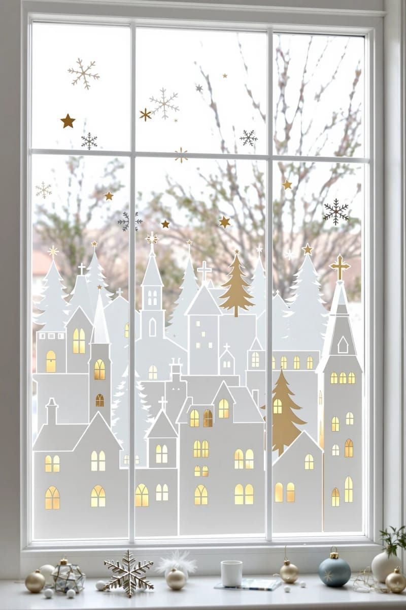 4. Modern Christmas village window clings with gold foil rooftops - photo 3