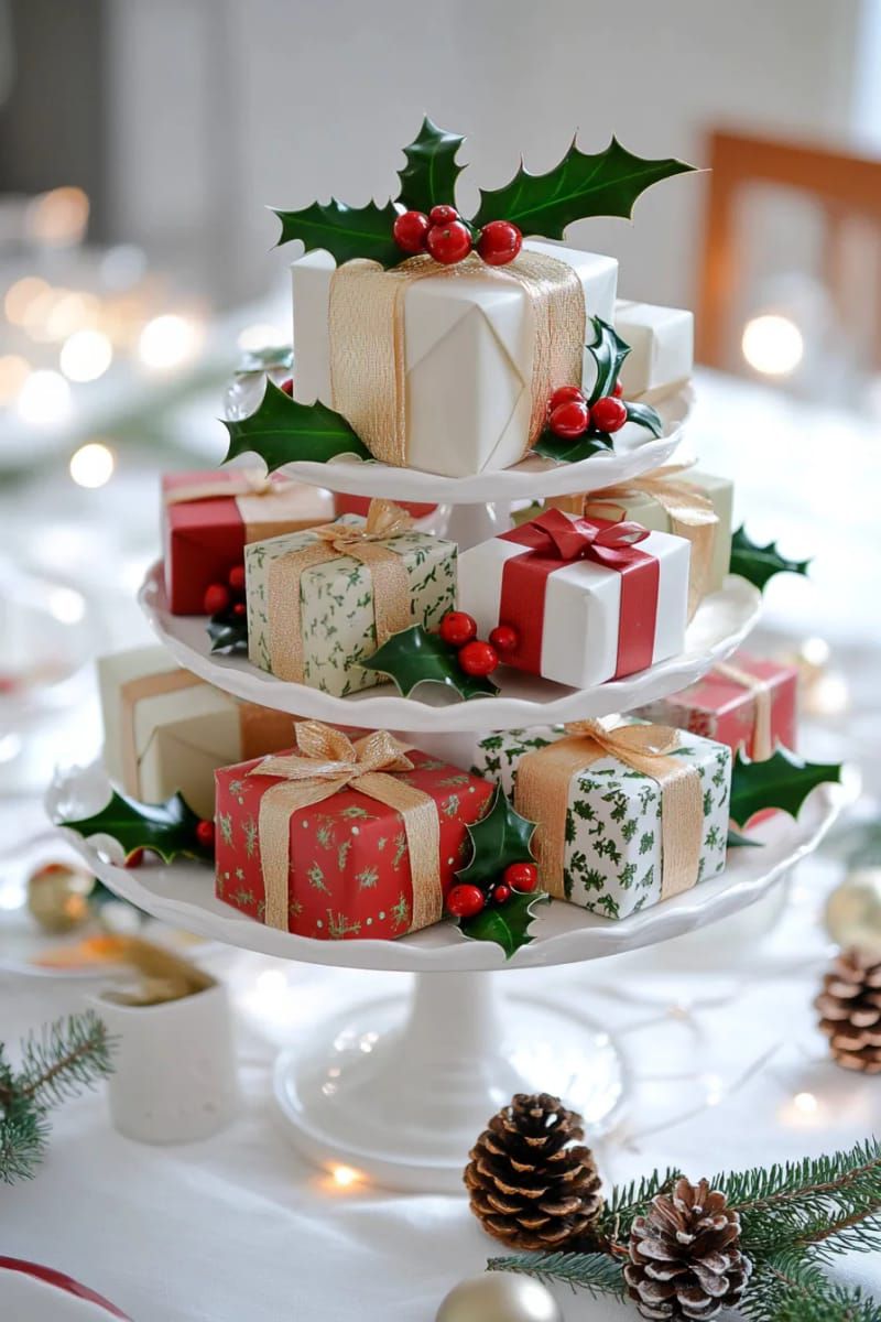 11. Cake Stand with Presents and Holly