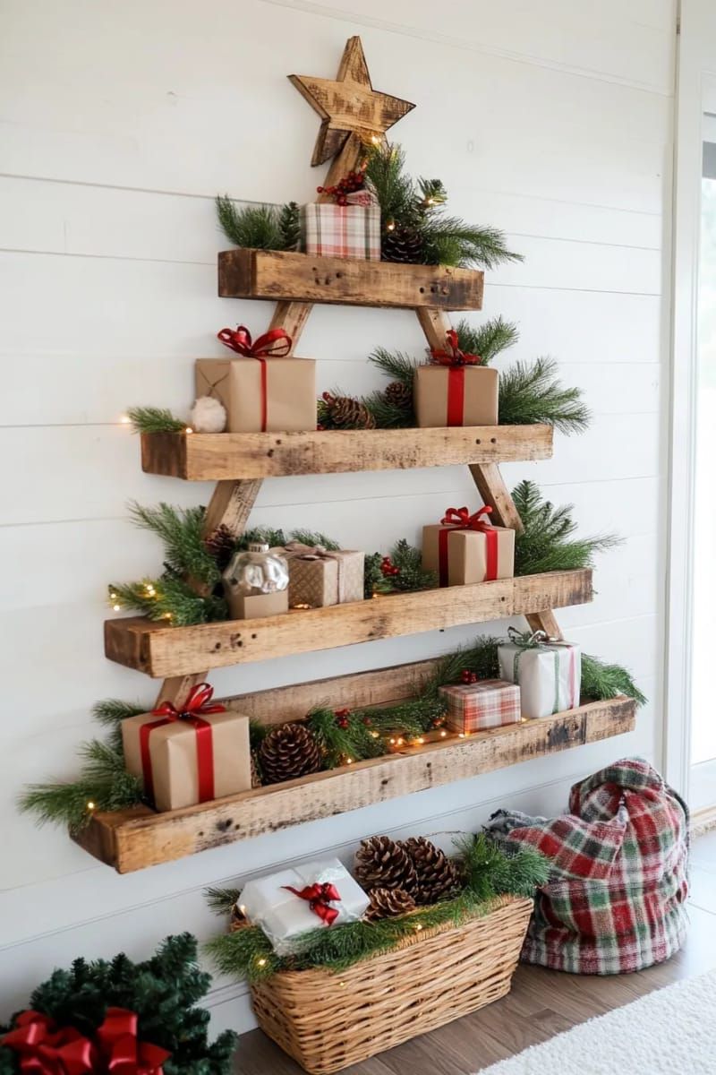 10. Pallet shelf tree with gifts and greenery - photo 2