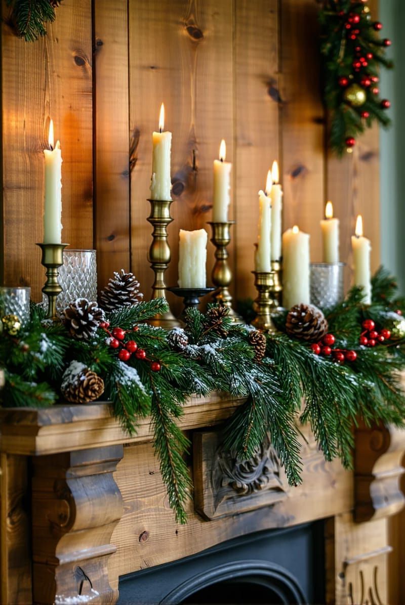 9. Rustic mantel with brass candlesticks and pillars - photo 2