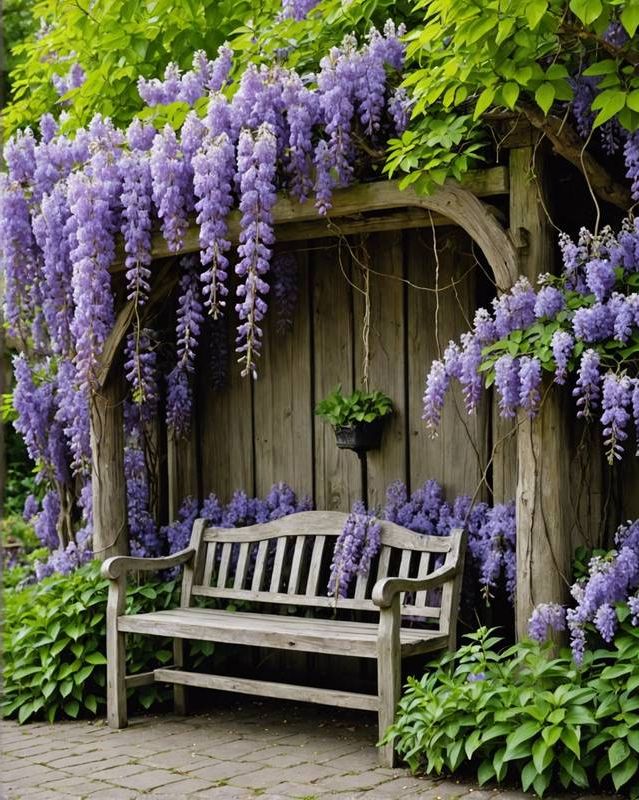 Wisteria Bench Surrounded by Colorful Blooms