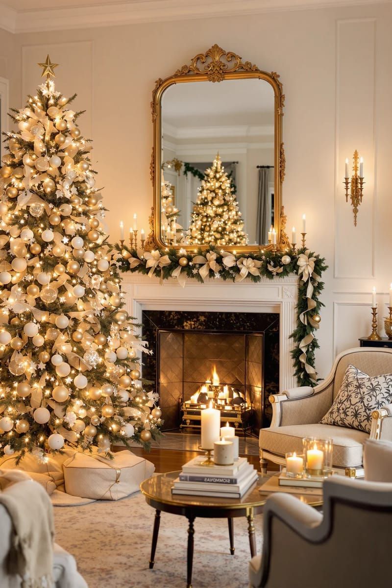 29. Gold-framed mirror reflecting a lit Christmas tree