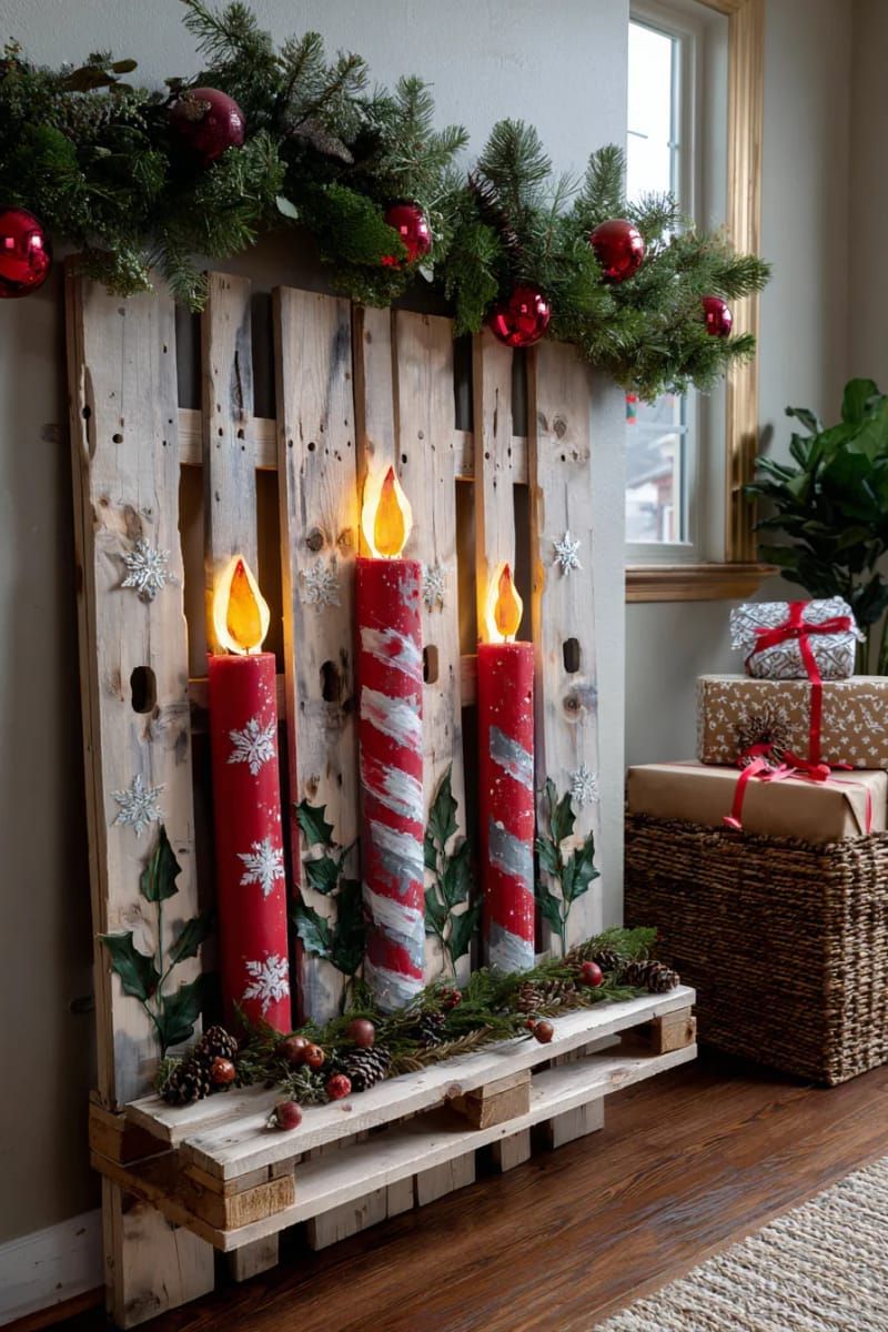 17. Oversized pallet wall art with painted candles
