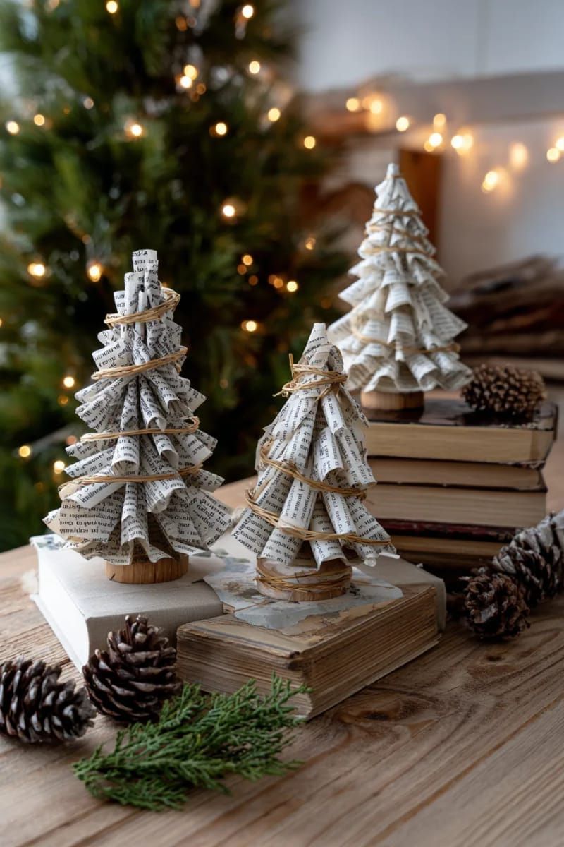 1. Small Christmas trees crafted from rolled book pages and twine decorations - photo 3