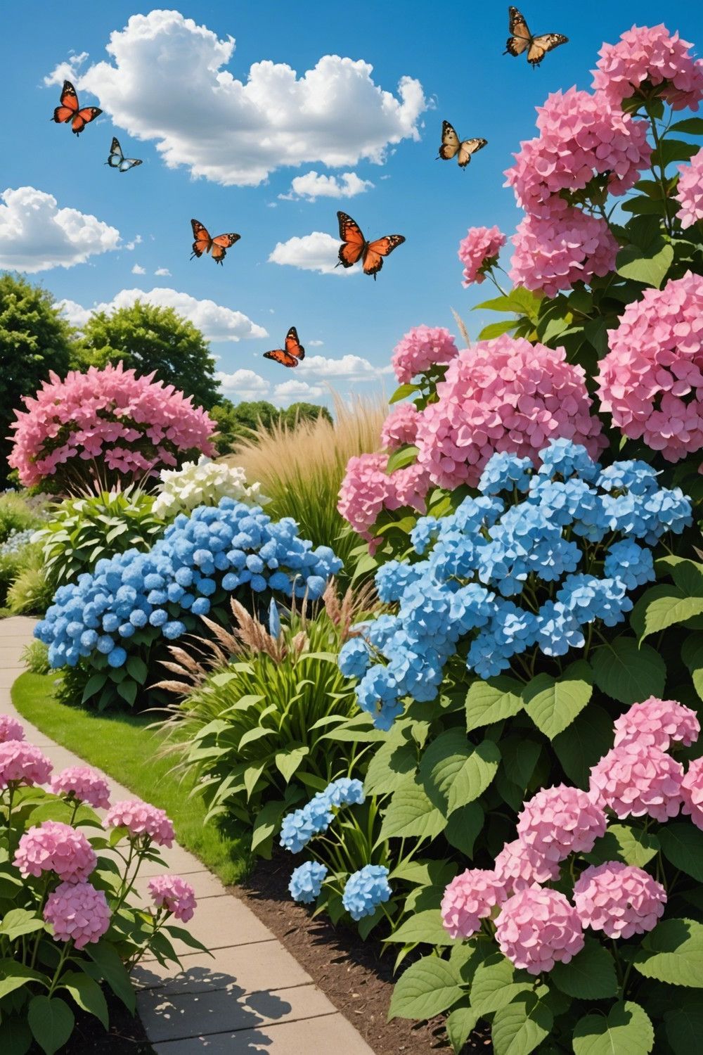 Bordering Hydrangeas with Ornamental Grasses
