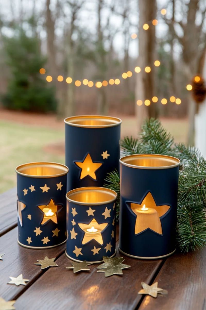 3. Lanterns made from soup cans featuring star-shaped cutouts and tea lights inside - photo 2