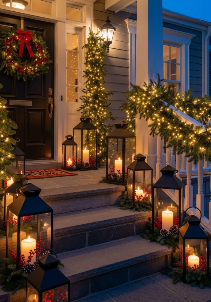 21. Porch lanterns with pillar candles and fir sprigs - photo 2