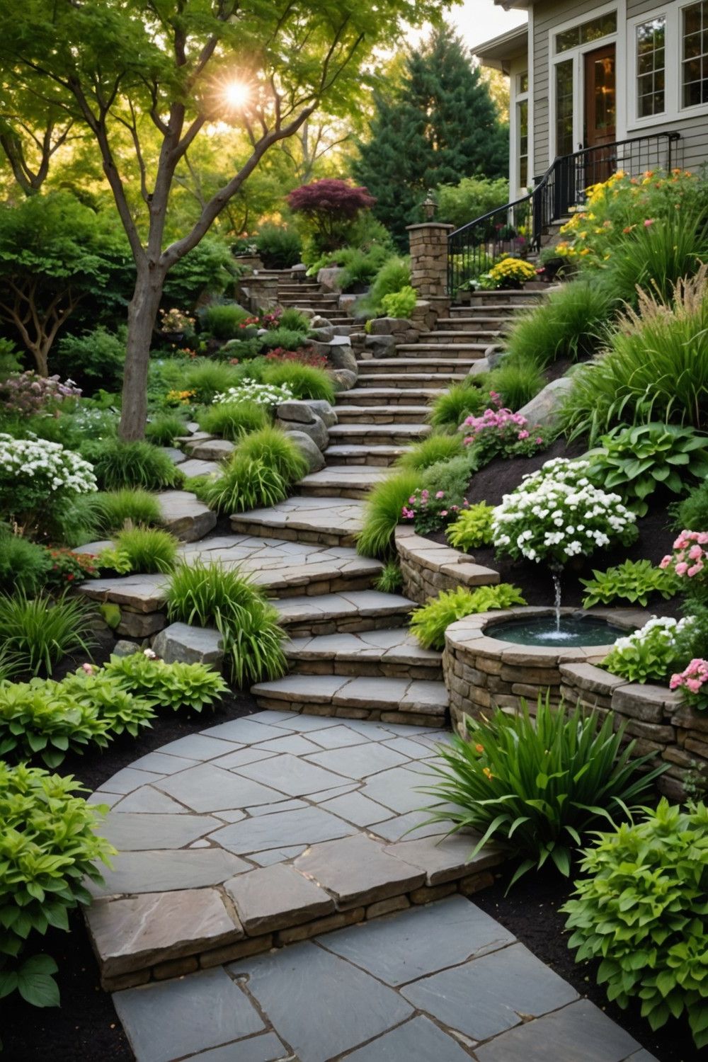 Winding Steps With a Water Feature