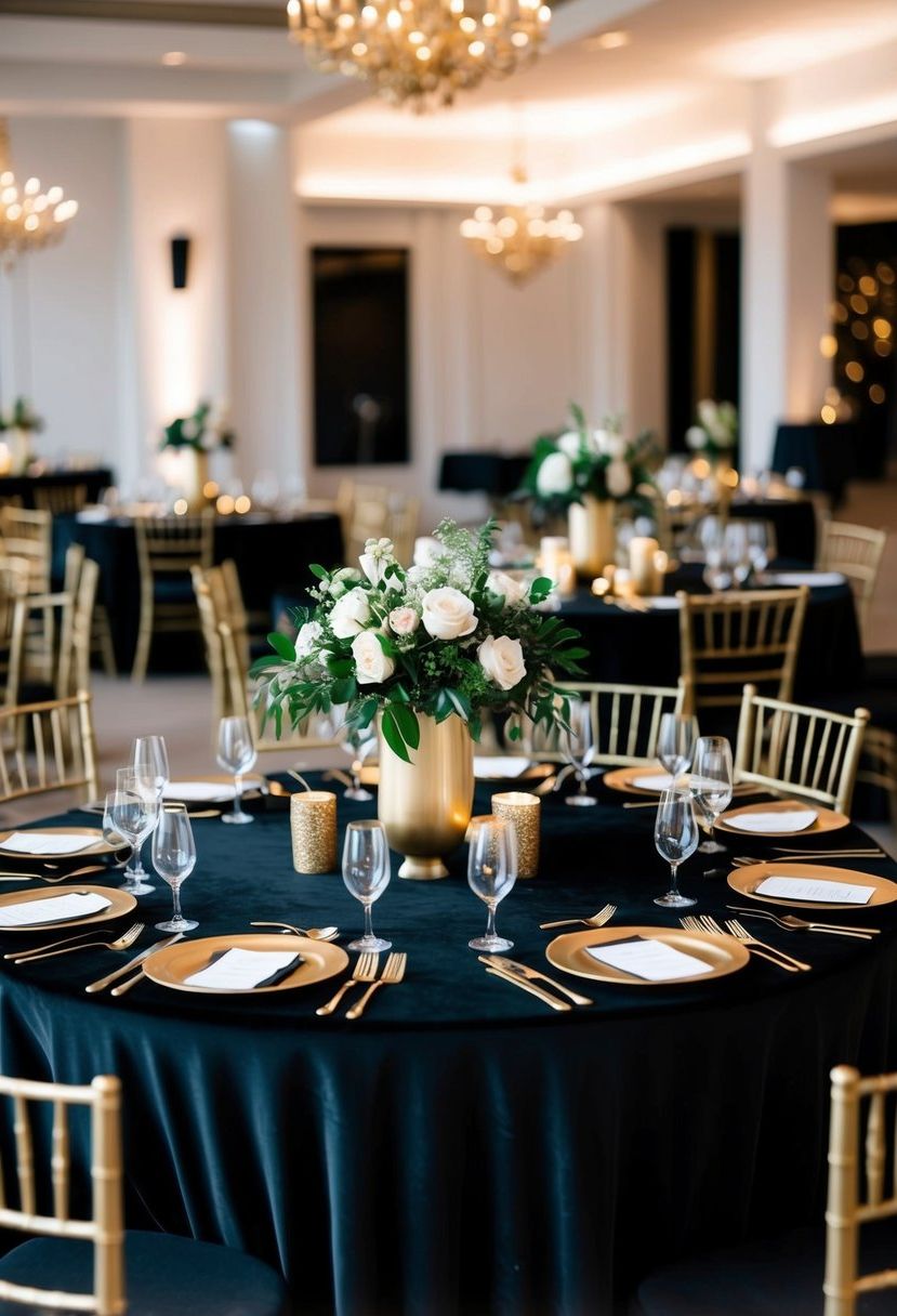9) Black velvet tablecloth with gold centerpieces