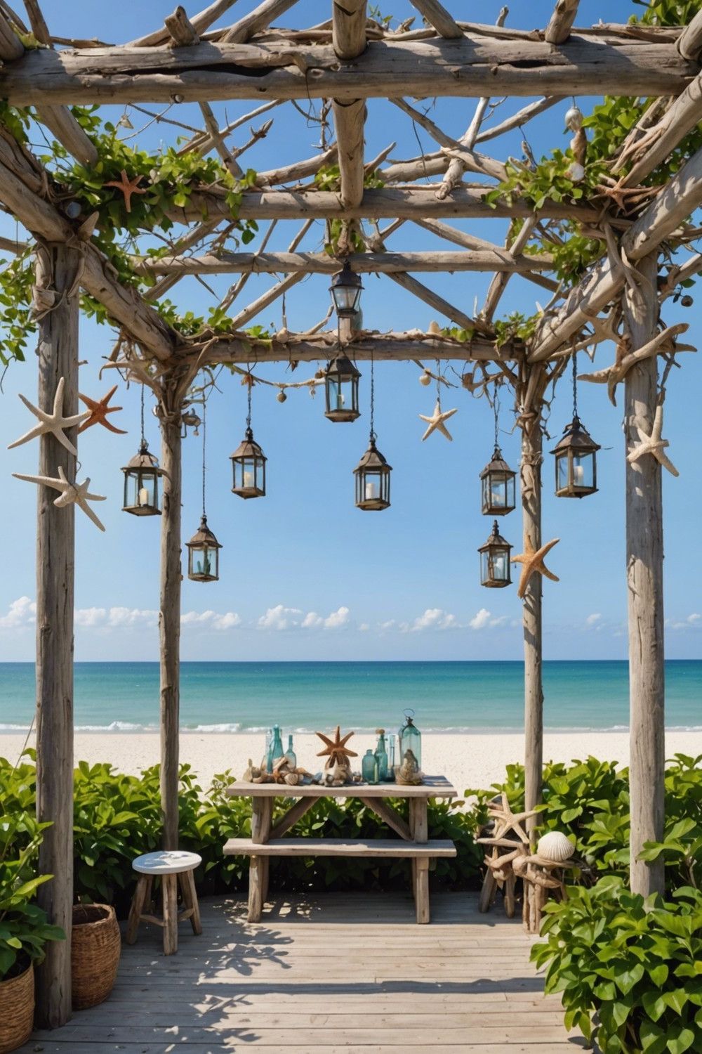 Coastal-Style Pergola with Driftwood Accents