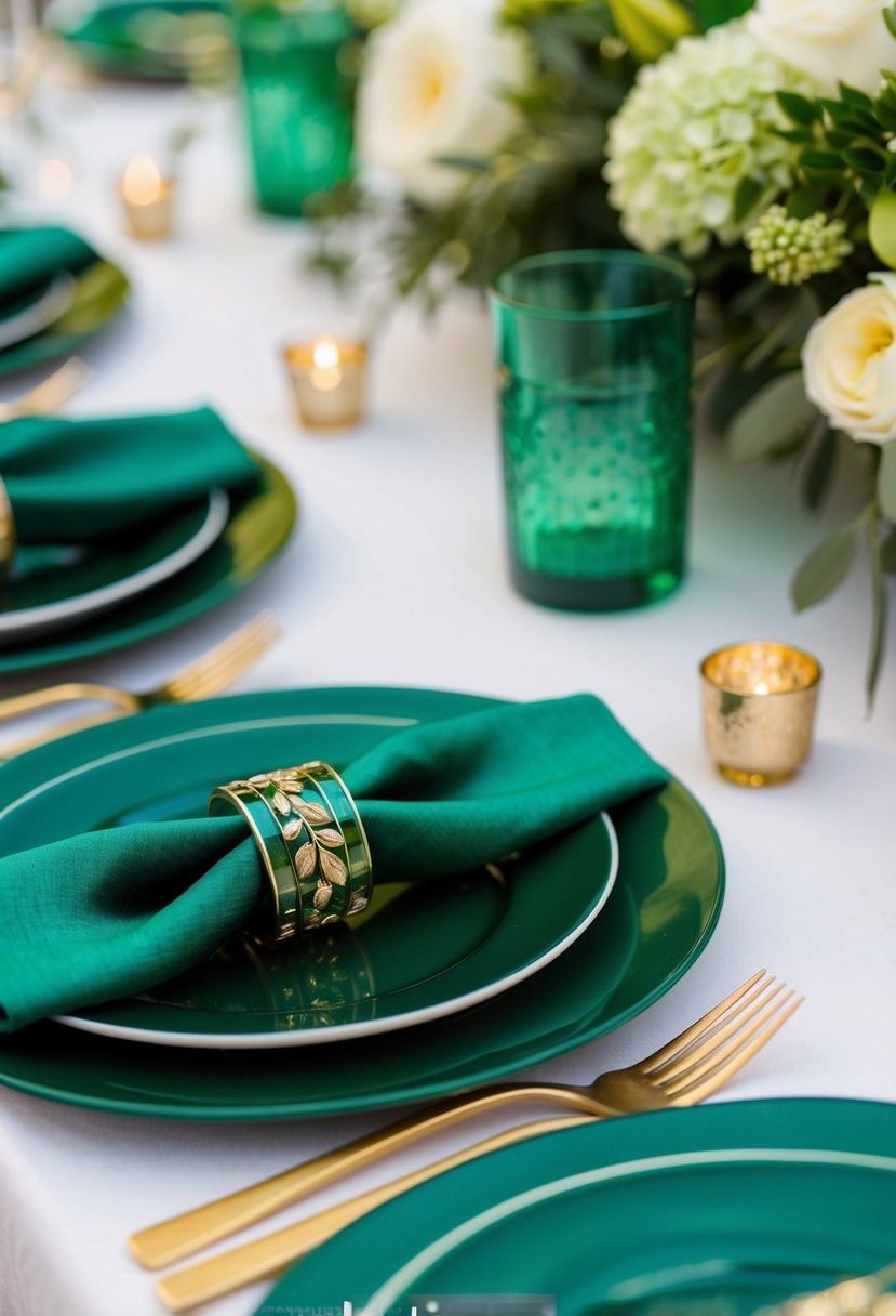 14) Emerald napkin rings with gold accents