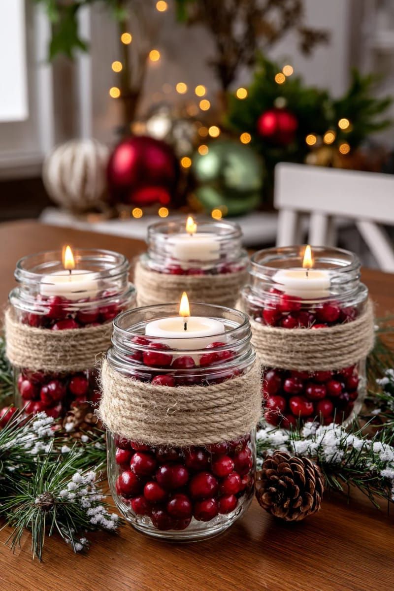 5. Twine-Wrapped Mason Jar Candle Holders with Cranberries - photo 2