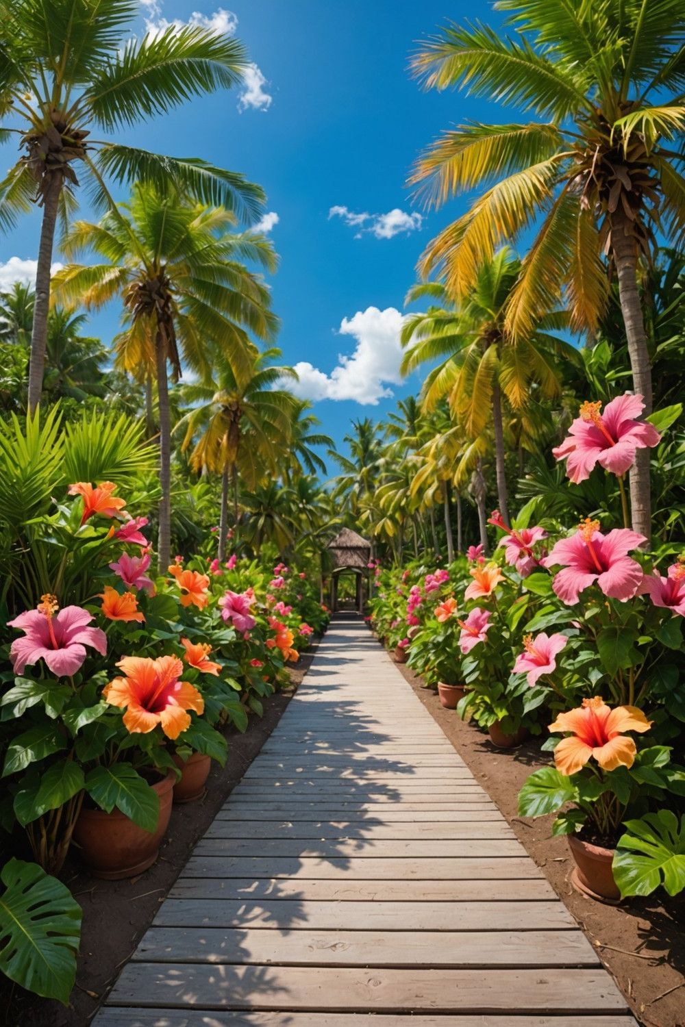 Vibrant Hibiscus and Palm Trees