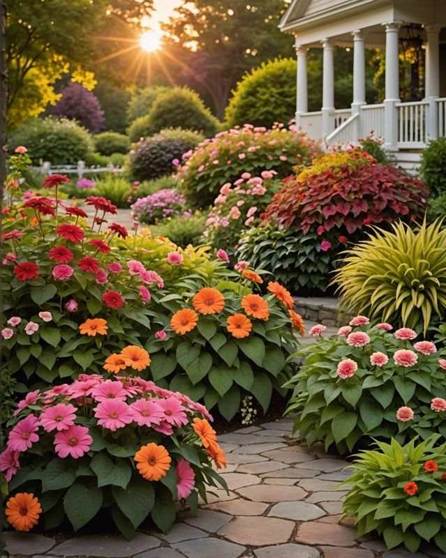 Sunset Coleus Paired With Pink and Orange Blooms