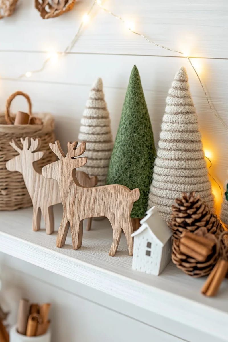 3. Wooden Reindeer and Cone Trees on a Shelf