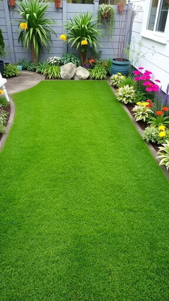 28. Artificial Grass Paired with Vibrant Flowers