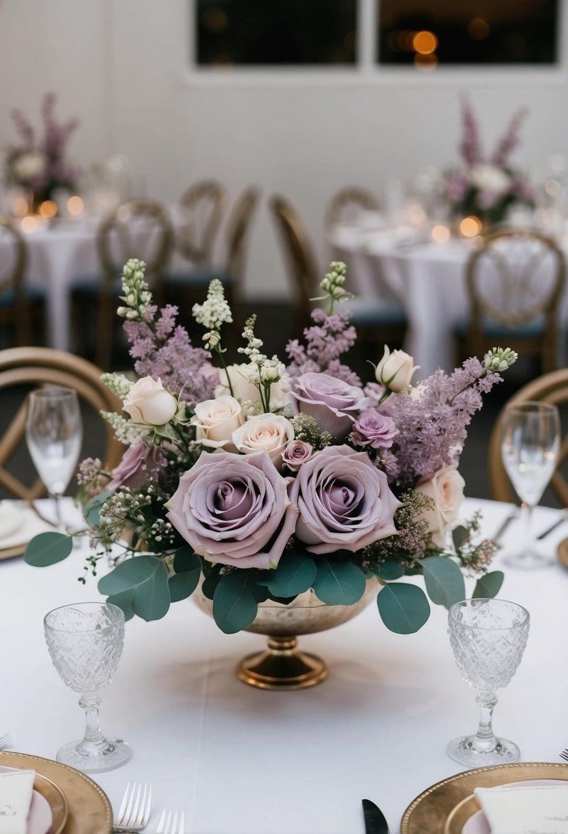 14) Dusty rose and lilac centerpieces