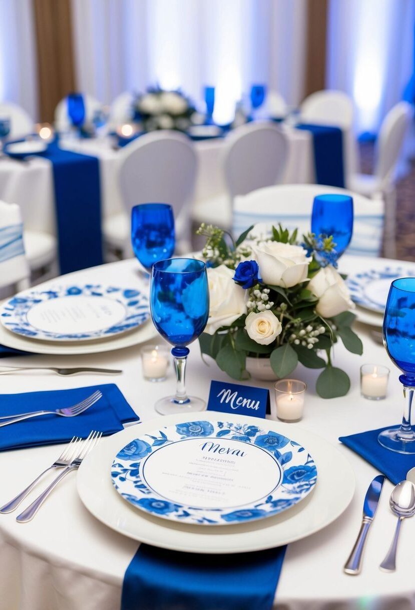 8) Menu cards with blue floral designs