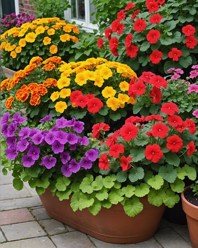 Bold Geranium, Petunia, and Marigold Combo