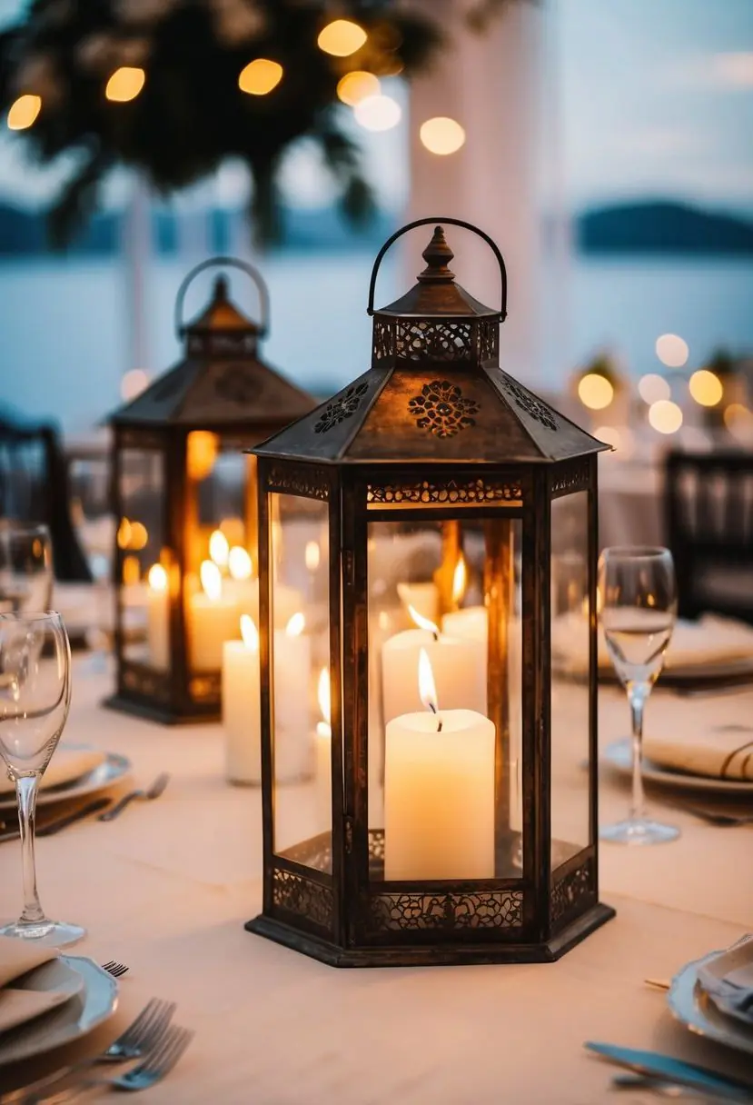 9) Vintage Lanterns Lit with Candles