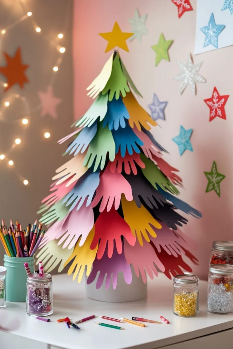 19. Paper tree built from layered kids' handprints