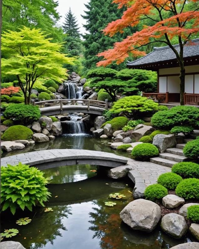 Pond With Waterfall and Japanese Bridge