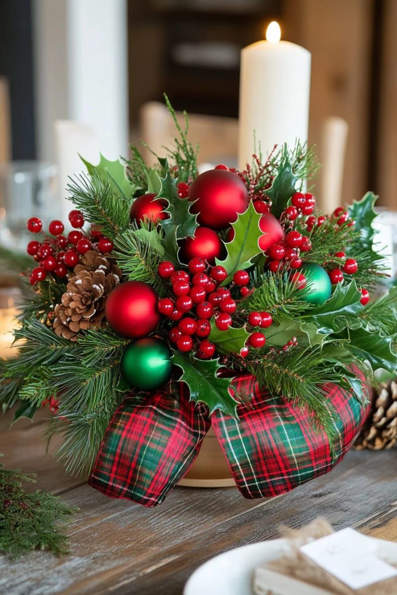 15. Red and Green Plaid Ornament Display