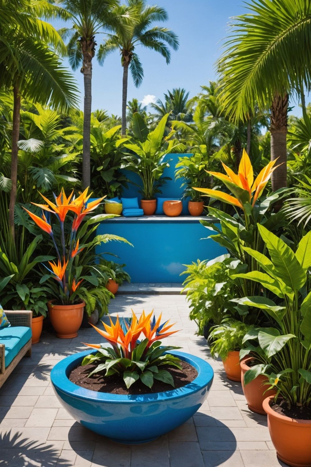 Colorful Tropical Planters Around the Pool