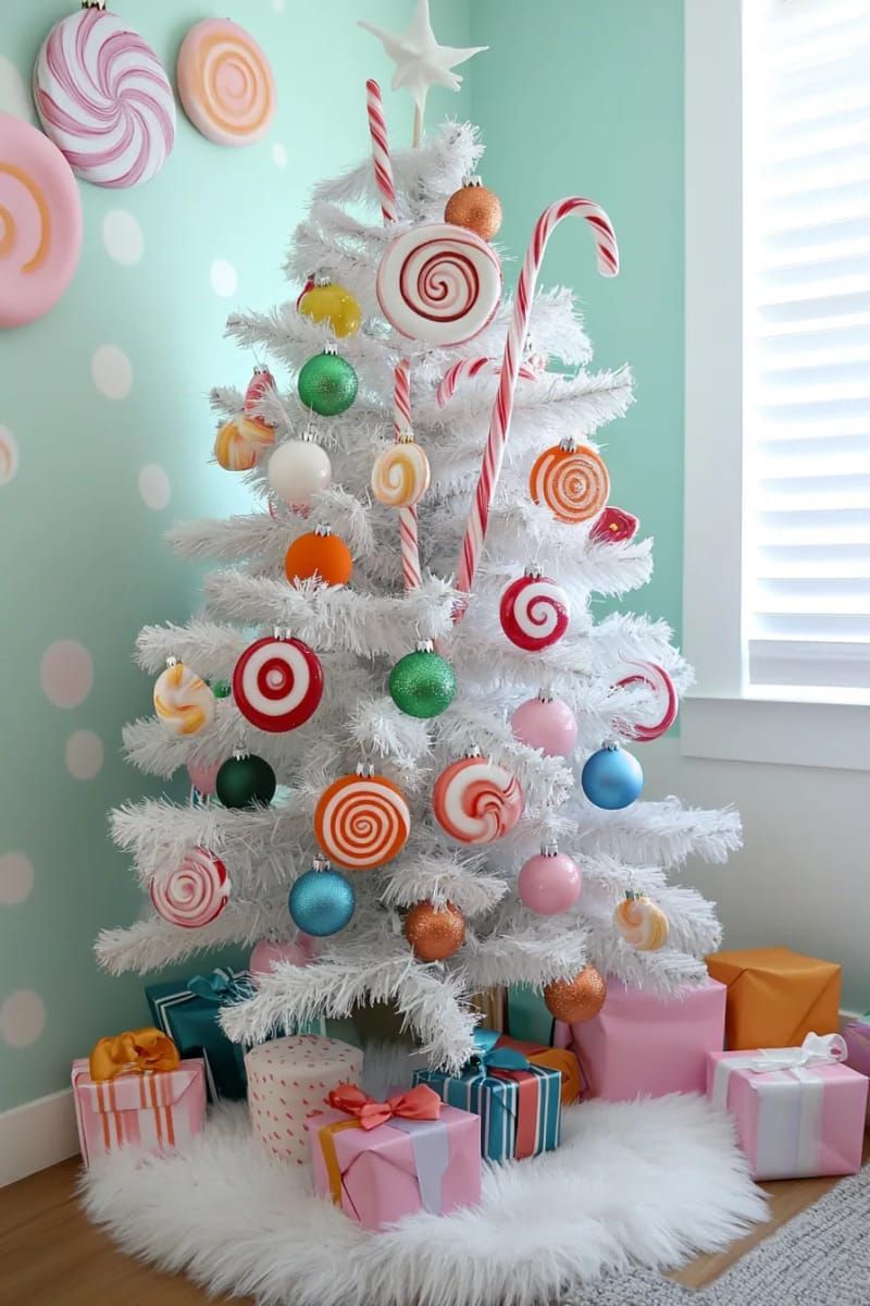 3. Candyland tree with faux treats and giant lollipops