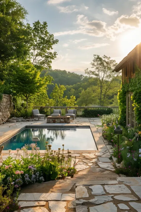 Stone Poolside Oasis in a Garden Setting