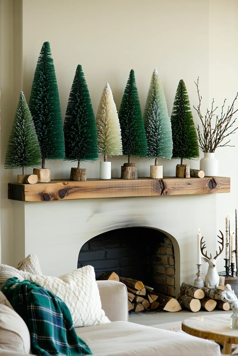 26. Ombre Green Bottle Brush Trees on Mantel - photo 2