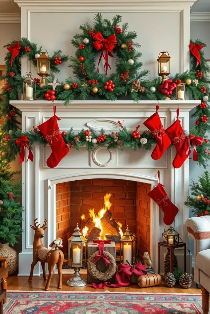 Classic Red and Green Fireplace Decor