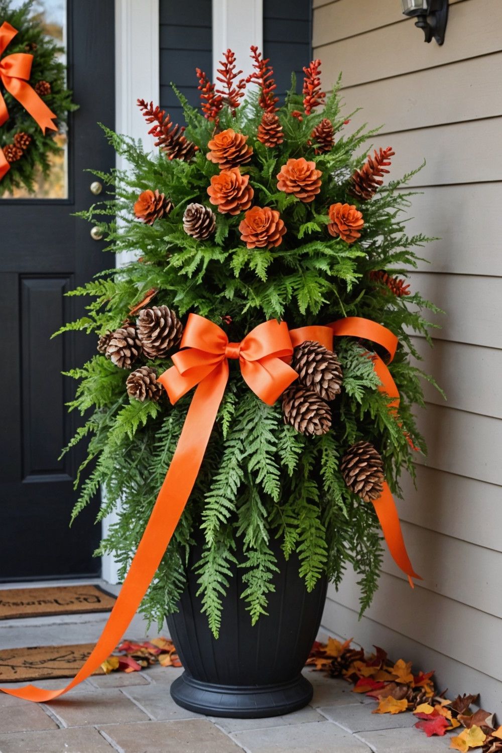 Fall Planter Accents with Pinecones and Ribbon