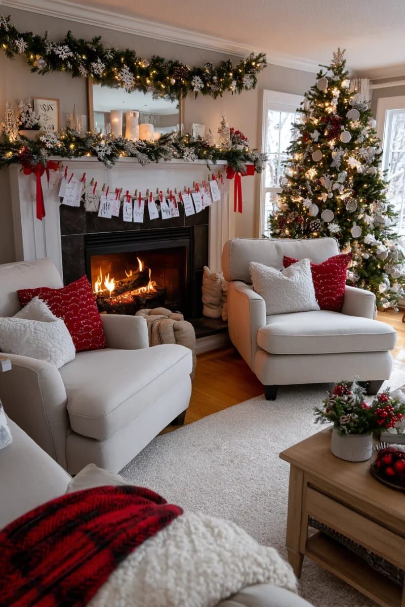 23. Holiday card arrangement with red ribbon and small clothespins on the wall - photo 3